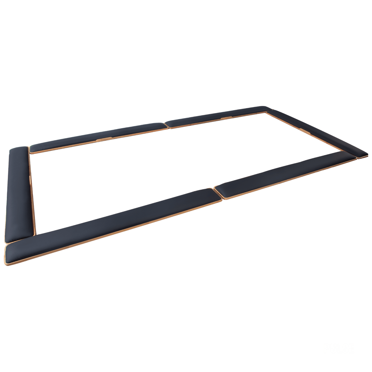Six separate black padded PULSE poker rail pieces arranged around a rectangular playing area