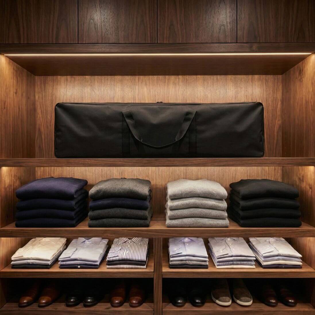 Black PULSE rail carry duffle stored on a wardrobe shelf above folded clothes